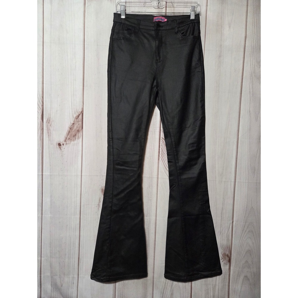 Edikted Black Coated High Rise Flare Pants Women Size L Faux Leather Bell Bottom